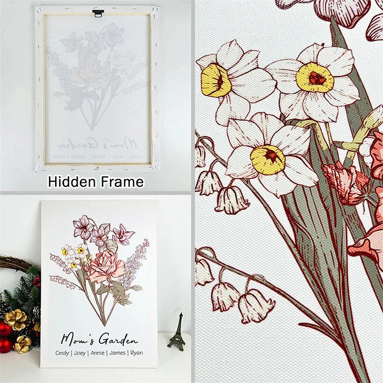 Cadre personnalisé avec noms, bouquet familial de fleurs de naissance, jardin de maman, jardin de grand-mère.
