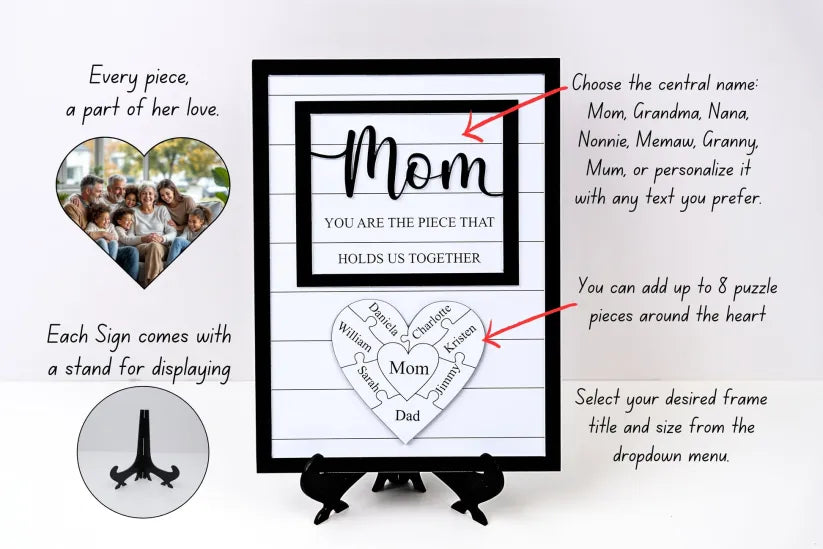 Custom Mothers Day Puzzle Sign for Mom| You are the Piece that holds us together | Personalized Heart-felt Birthday Gift for Mom, Mom Gift