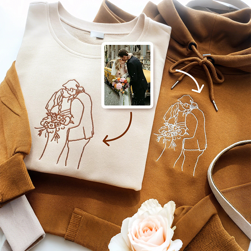 Sudaderas con capucha bordadas personalizadas para parejas - Retrato a juego en contorno a partir de foto