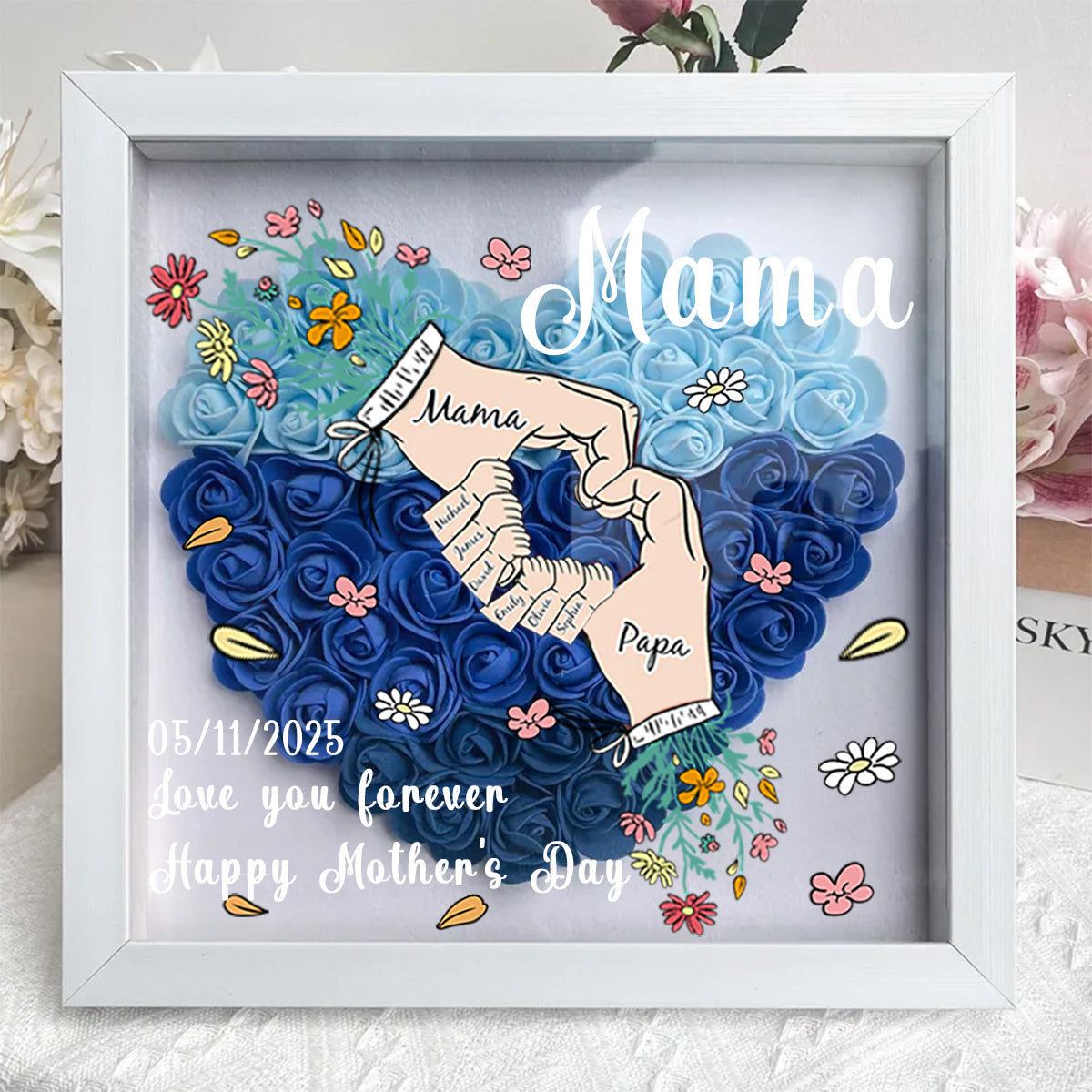 Sempre ti amerò, mamma e papà – Scatola ombra personalizzata a forma di cuore con fiori per mamma, papà, nonna, nonno