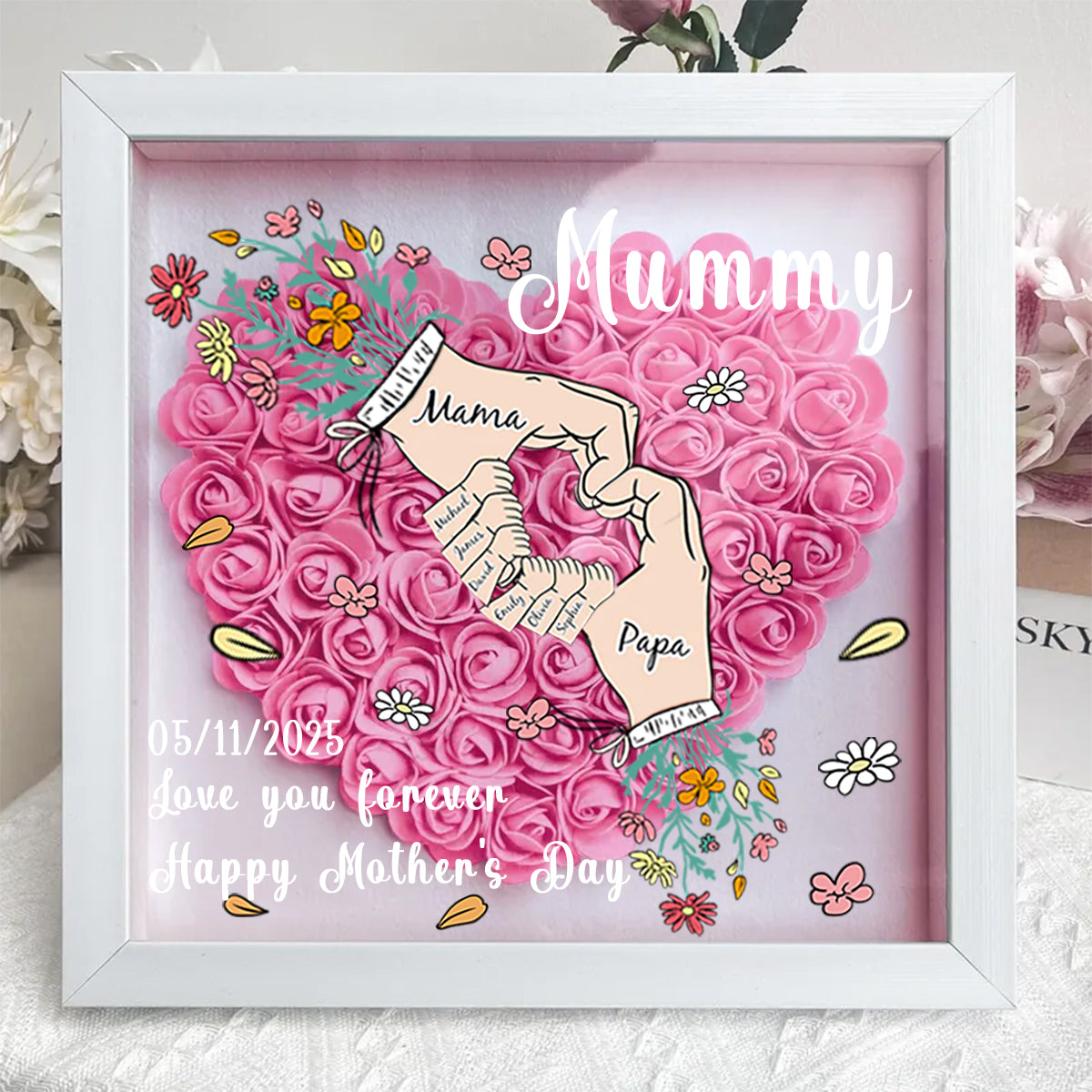 Sempre ti amerò, mamma e papà – Scatola ombra personalizzata a forma di cuore con fiori per mamma, papà, nonna, nonno