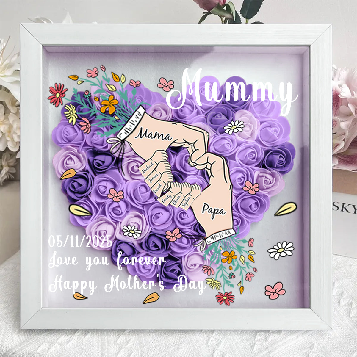 Sempre ti amerò, mamma e papà – Scatola ombra personalizzata a forma di cuore con fiori per mamma, papà, nonna, nonno