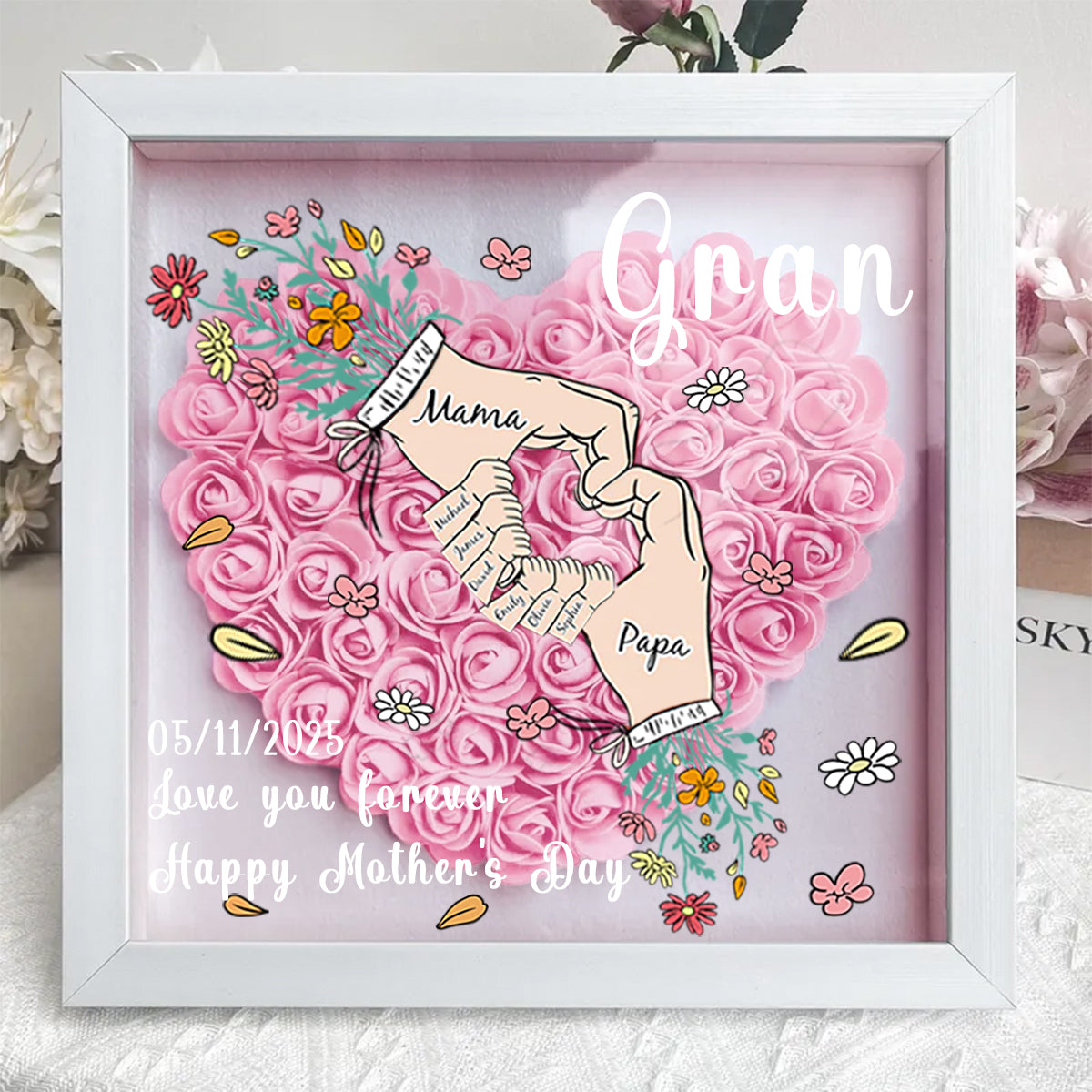 Sempre ti amerò, mamma e papà – Scatola ombra personalizzata a forma di cuore con fiori per mamma, papà, nonna, nonno