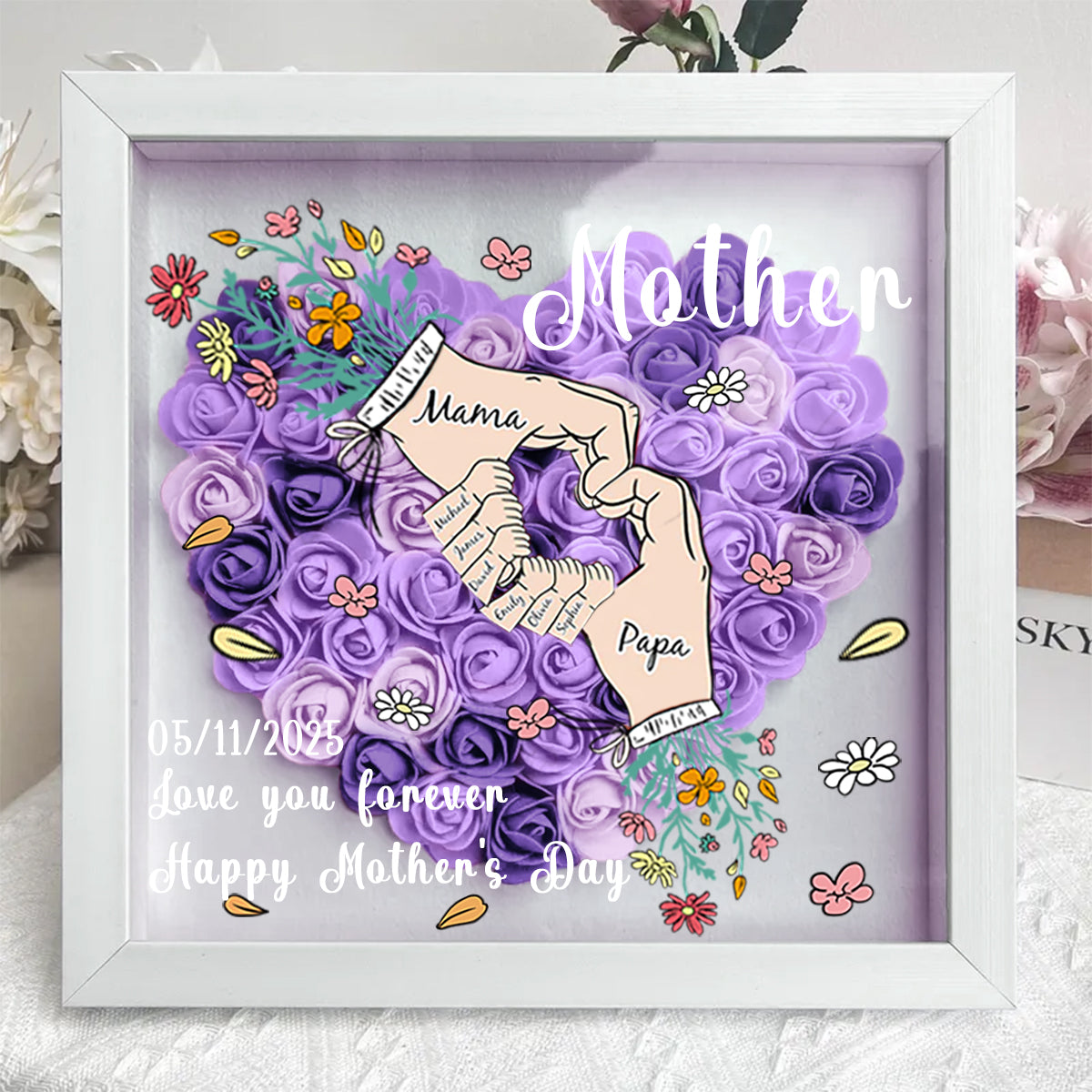 Sempre ti amerò, mamma e papà – Scatola ombra personalizzata a forma di cuore con fiori per mamma, papà, nonna, nonno