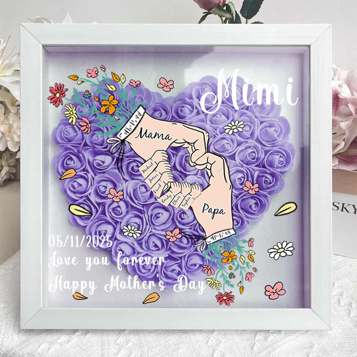 Sempre ti amerò, mamma e papà – Scatola ombra personalizzata a forma di cuore con fiori per mamma, papà, nonna, nonno