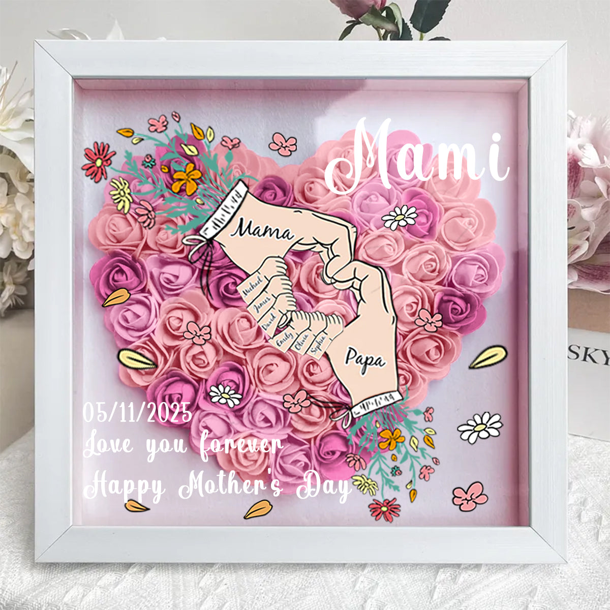 Sempre ti amerò, mamma e papà – Scatola ombra personalizzata a forma di cuore con fiori per mamma, papà, nonna, nonno