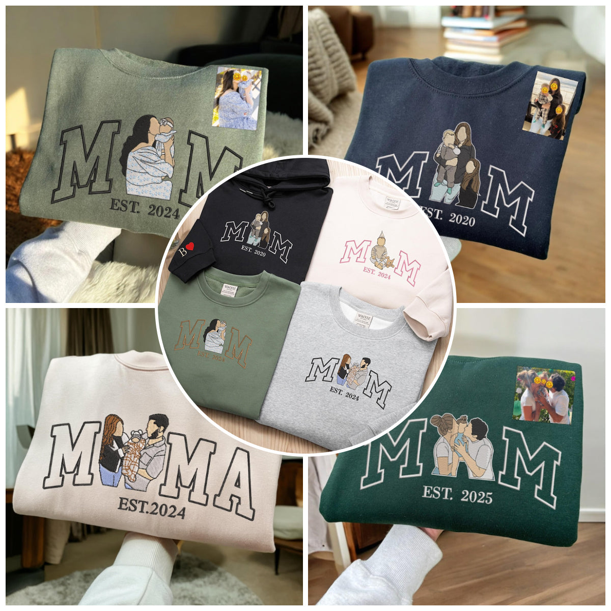 Mama Sweatshirt mit Foto, Benutzerdefinierter bestickter Hoodie Mama und Kinderportrait, Varsity Shirt 