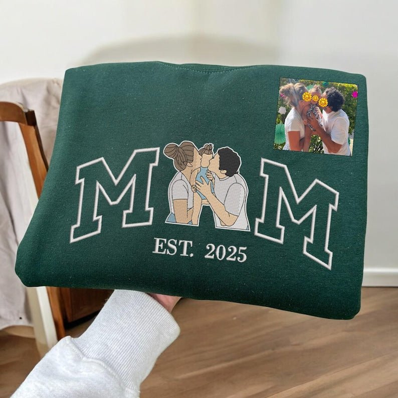 Sweatshirt Mama avec photo, hoodie personnalisé brodé Portrait de Mama et enfants, chemise Varsity