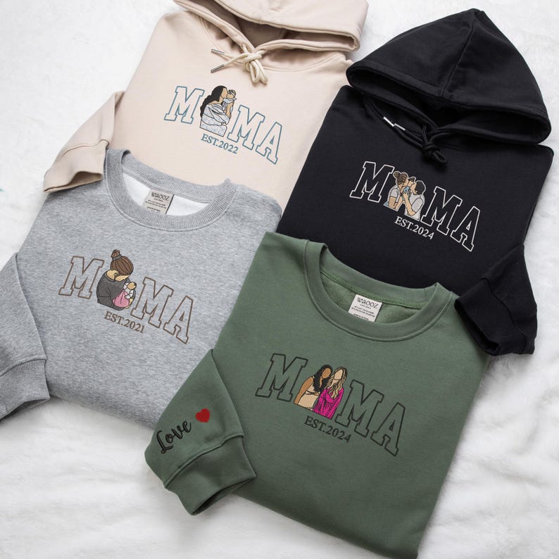 Mama Sweatshirt mit Foto, Benutzerdefinierter bestickter Hoodie Mama und Kinderportrait, Varsity Shirt 