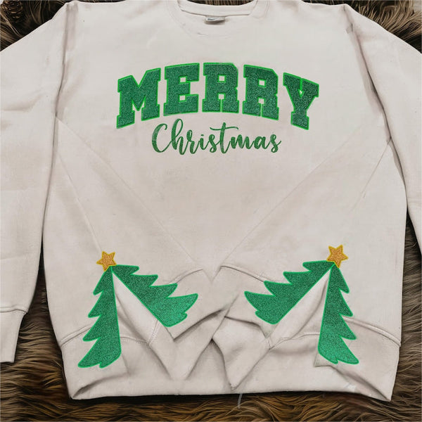 Personalized Merry Christmas Side Tree Cut-Out Sweatshirt