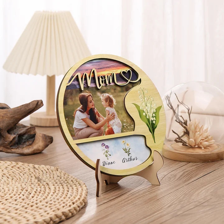 Plaque en bois photo personnalisée Fleurs de naissance personnalisées & Noms Panneau en bois avec support Cadeaux pour maman