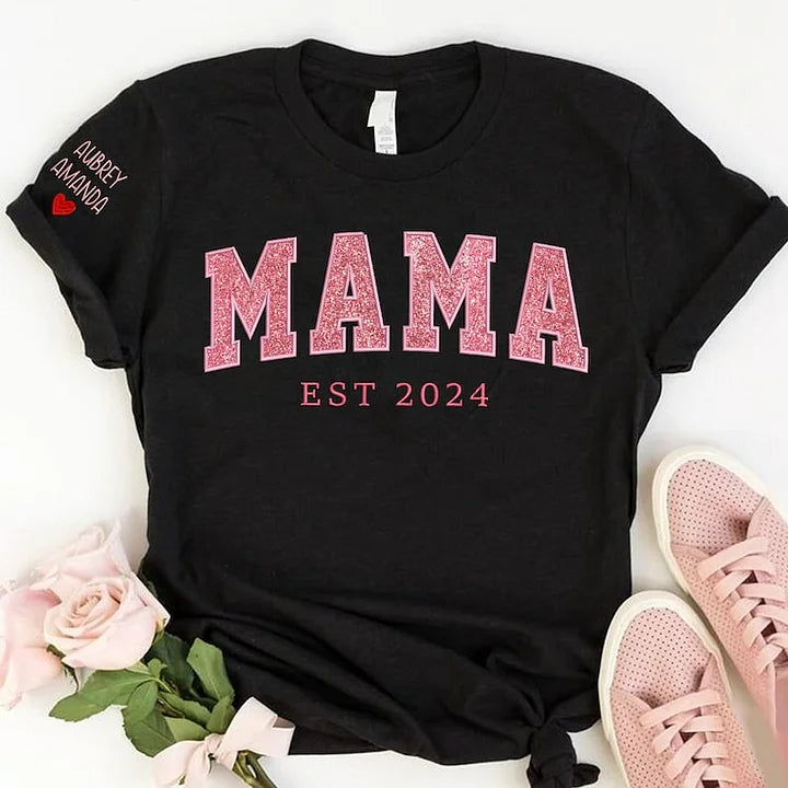 Personalisiertes, besticktes MAMA-Sweatshirt aus Glitzer-Vinyl mit Design am Ärmel – Geschenk für Mama