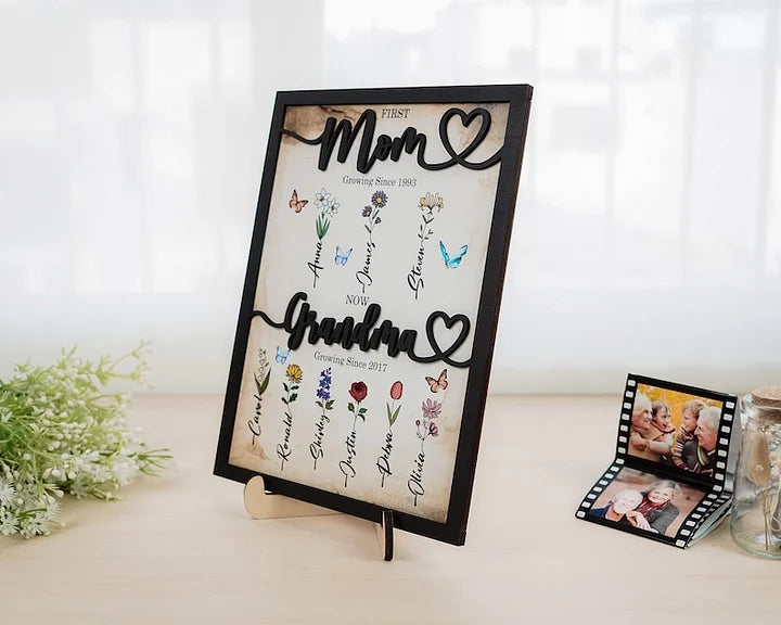 Première Maman Maintenant Grand-mère - Cadre en Bois Personnalisé avec Fleurs du Mois de Naissance