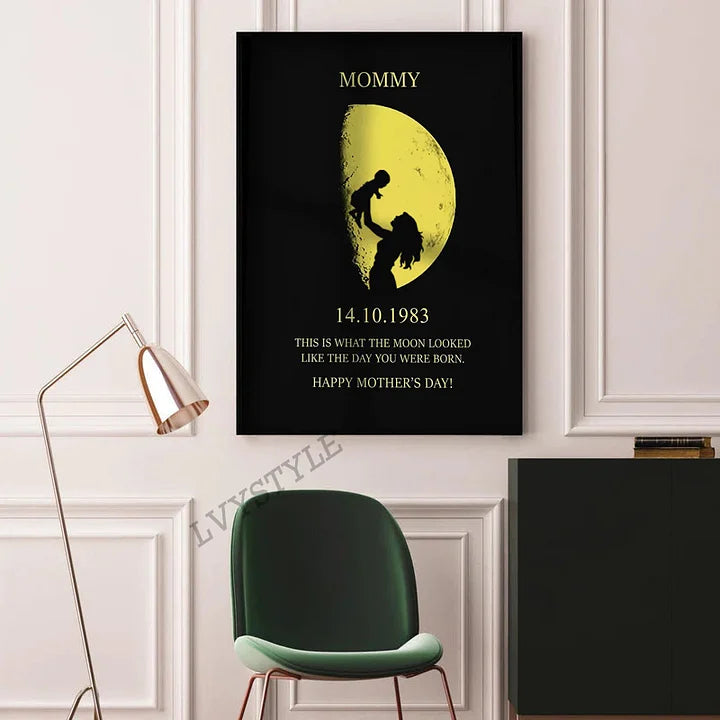 Geschenk zum Tag Deiner Geburt – Personalisiertes Wandkunst-Geschenk mit Mondphasen – Muttertagsgeschenk 