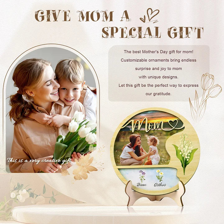 Plaque en bois photo personnalisée Fleurs de naissance personnalisées & Noms Panneau en bois avec support Cadeaux pour maman