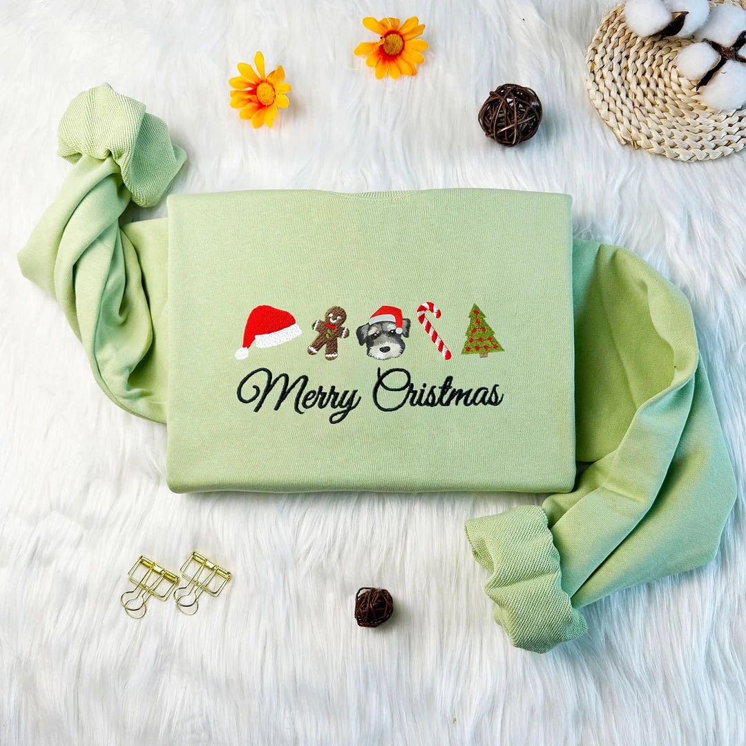 Felpa di Natale personalizzata con cane ricamato, Buon Natale Pupazzo di Neve Pan di Zenzero Girocollo