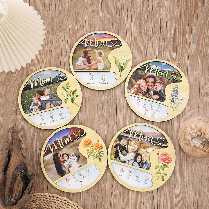 Plaque en bois photo personnalisée Fleurs de naissance personnalisées & Noms Panneau en bois avec support Cadeaux pour maman