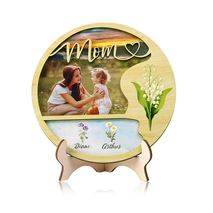 Plaque en bois photo personnalisée Fleurs de naissance personnalisées & Noms Panneau en bois avec support Cadeaux pour maman