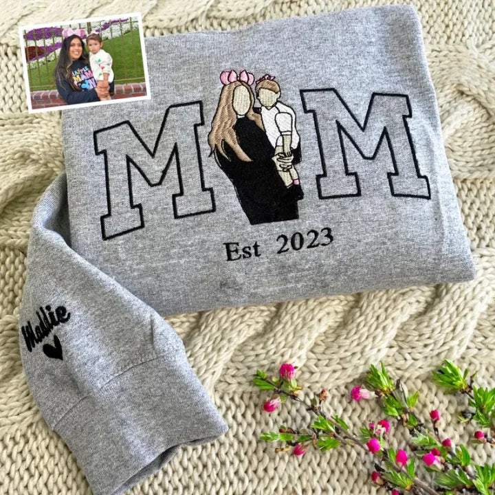 Felpa Mom/Mum con Foto, Felpa con Cappuccio Ricamata Personalizzata Ritratto di Mama e Bambini, Regalo per Mom Mum Mama Mommy