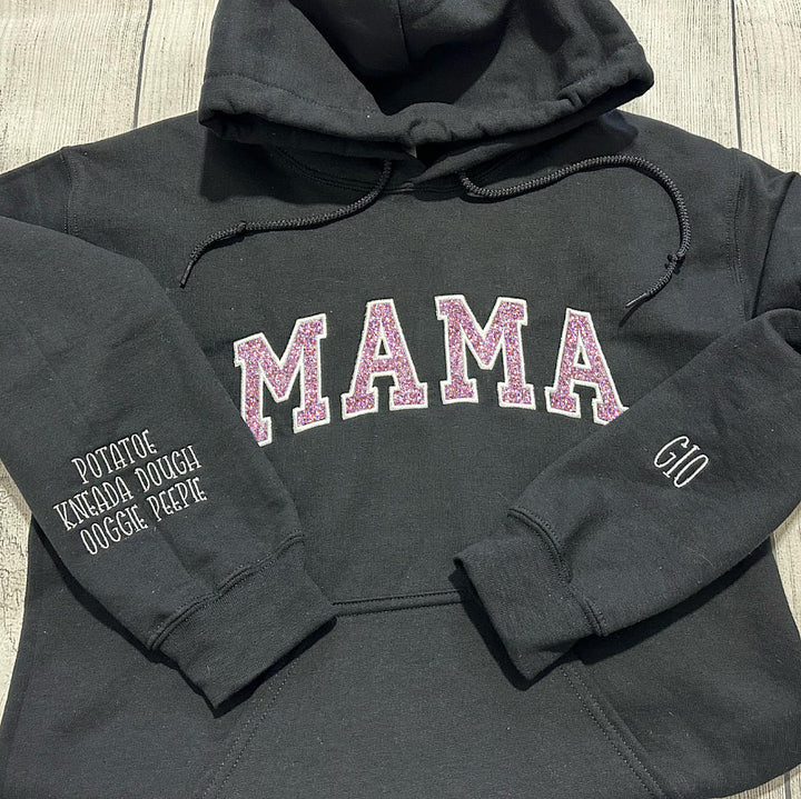 Personalisiertes, besticktes MAMA-Sweatshirt aus Glitzer-Vinyl mit Design am Ärmel – Geschenk für Mama