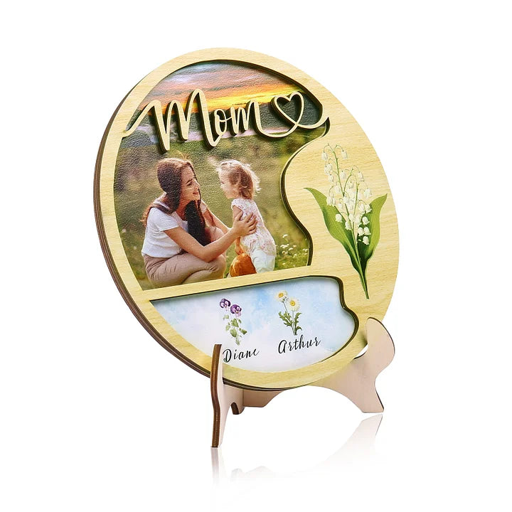 Plaque en bois photo personnalisée Fleurs de naissance personnalisées & Noms Panneau en bois avec support Cadeaux pour maman