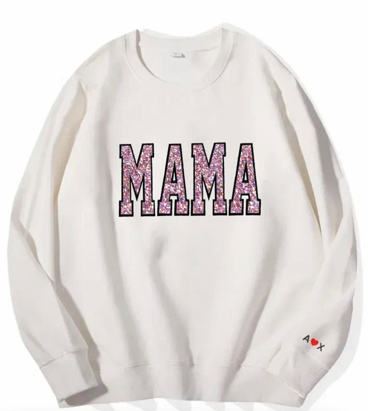 Personalisiertes, besticktes MAMA-Sweatshirt aus Glitzer-Vinyl mit Design am Ärmel – Geschenk für Mama