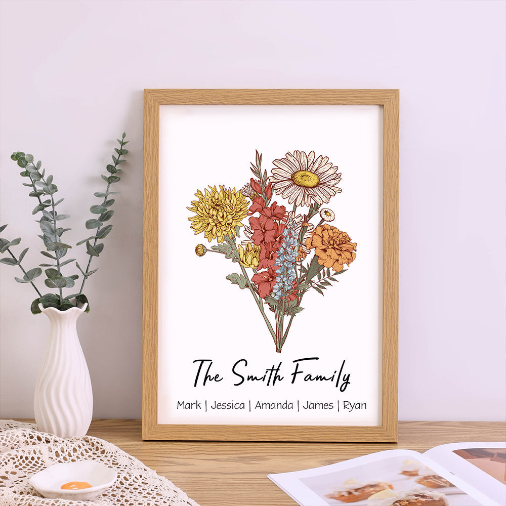 Cadre personnalisé avec noms, bouquet familial de fleurs de naissance, jardin de maman, jardin de grand-mère.