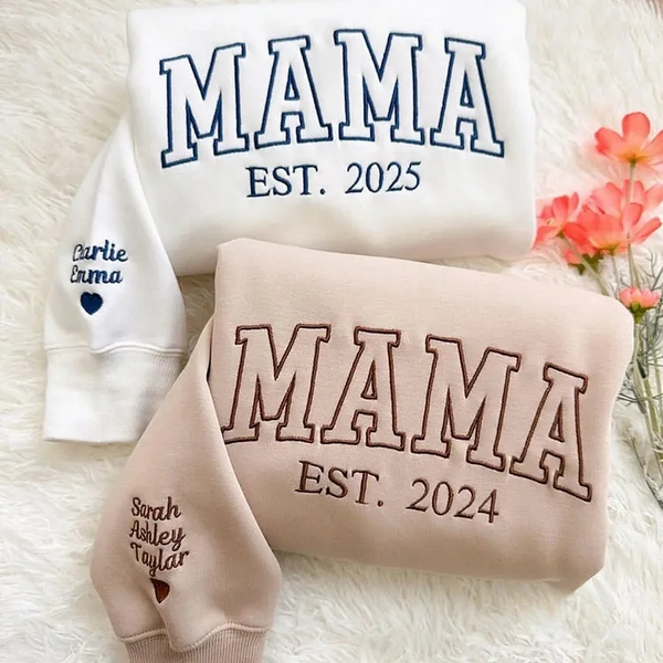 Custom Embroidered Mama Sweatshirt/Hoodie with Kids Names on Sleeve Mother's Day Gift