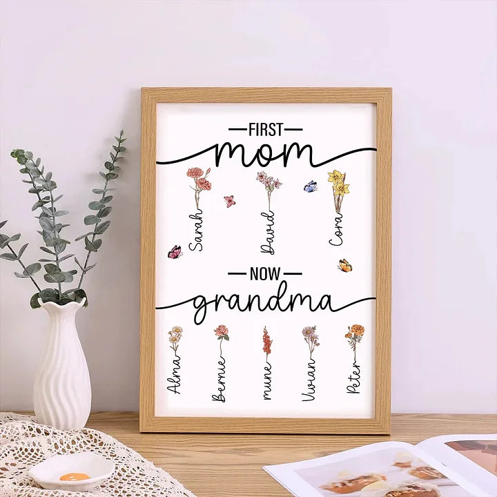 First Mom Now Grandma-Geburtsblume Familie personalisierte Namen Rahmen