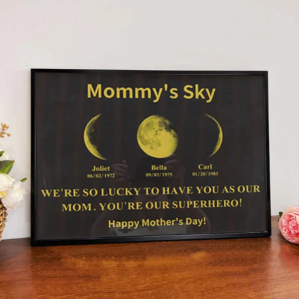 Cornice fotografica personalizzata con luna specchiata, testo e data - Cornici artistiche personalizzate per mamma - Cielo di mamma