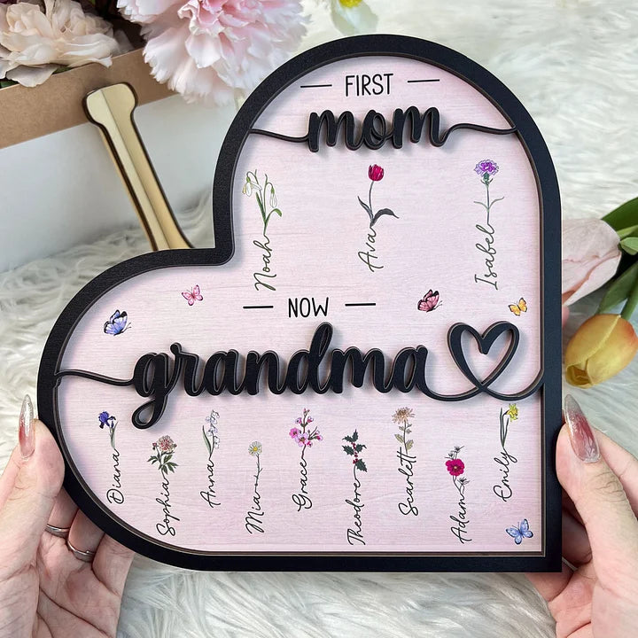 First Mom Now Great Grandma – Personalisiertes zweilagiges Holzschild mit Ständer für die Familie – Einweihungsgeschenk für Mama, Oma