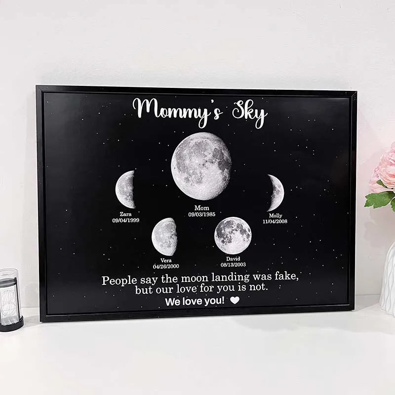 Imprimir marco personalizado que rodea la fase lunar con texto y fecha - Universo de Mamá - Regalo personalizado para Mamá Abuela