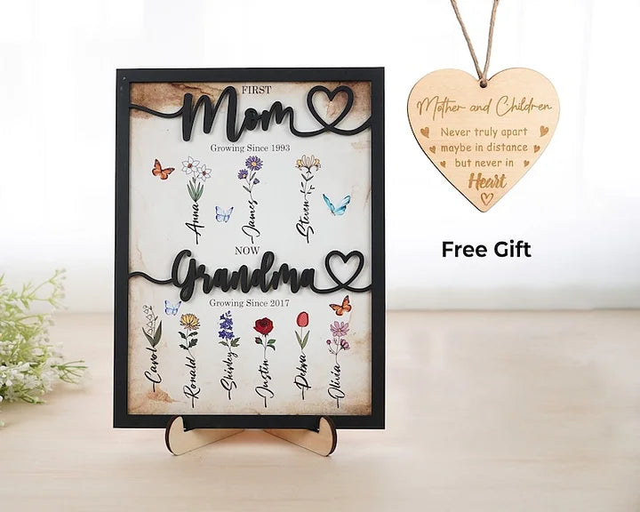 First Mom Now Grandma - Personalisierter Blumen-Geburtsmonatsgarten-Holzschildrahmen