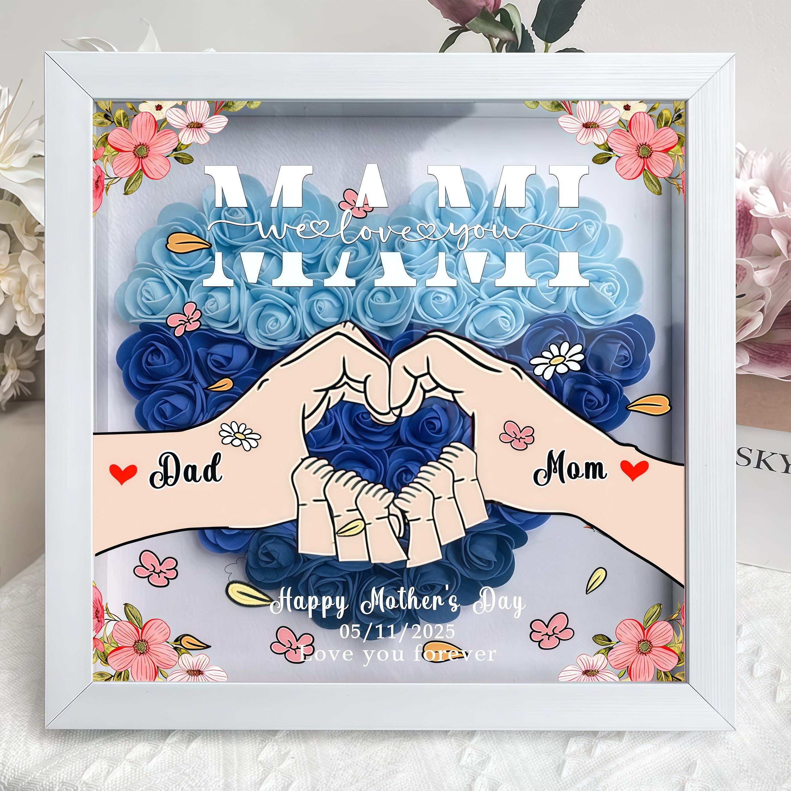 Mum We Love You - Personalized Heart-Shaped Flower Shadow Box, for Mom and Dad, Grandma and Grandpa, Mother's Day gift