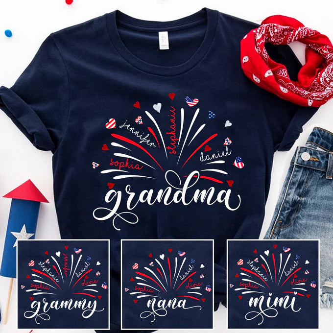 Bandera de América personalizada con fuegos artificiales para abuela y niños - Regalo para mamá