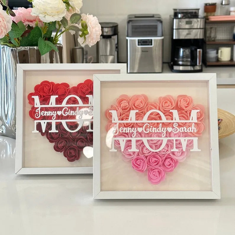 Boîte à ombres personnalisée avec fleurs - Cadeau de la fête des mères pour grand-mère, maman, Nana, Mimi avec noms d'enfants personnalisés