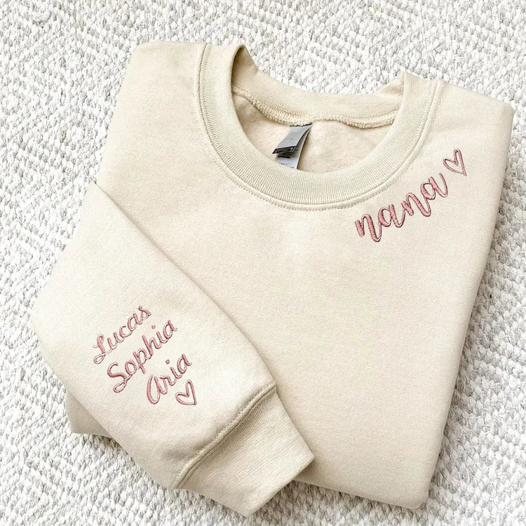 Sweatshirt mit Rundhalsausschnitt und Kindernamen auf dem Ärmel, Geschenk für Mama, Papa, Nana, Mimi, Oma
