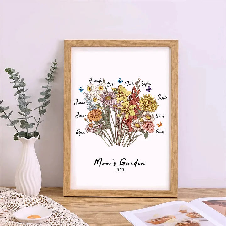 Cadre personnalisé avec noms du bouquet familial de fleurs de naissance Papillon