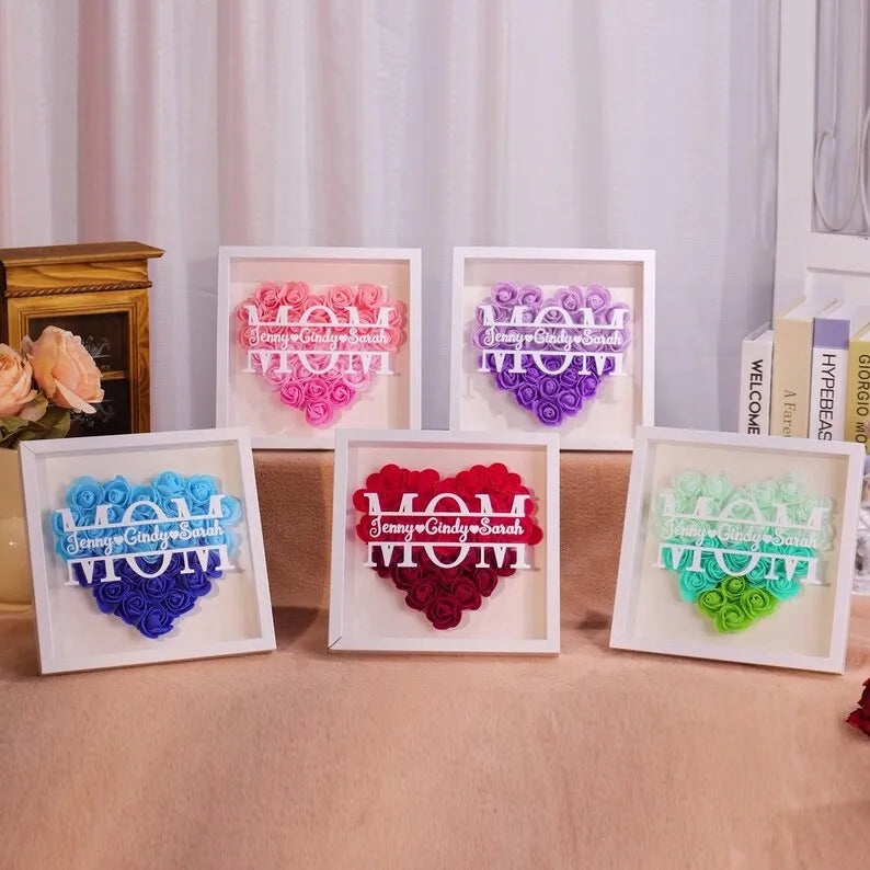 Boîte à ombre personnalisée avec fleurs - Boîte à ombre personnalisée avec nom de roses - Cadeau floral pour maman, grand-mère, Nana