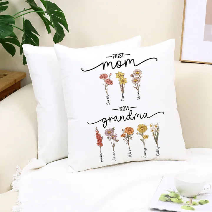 Erste Mama, jetzt Oma – Geburtsblume, individuelles Kissen