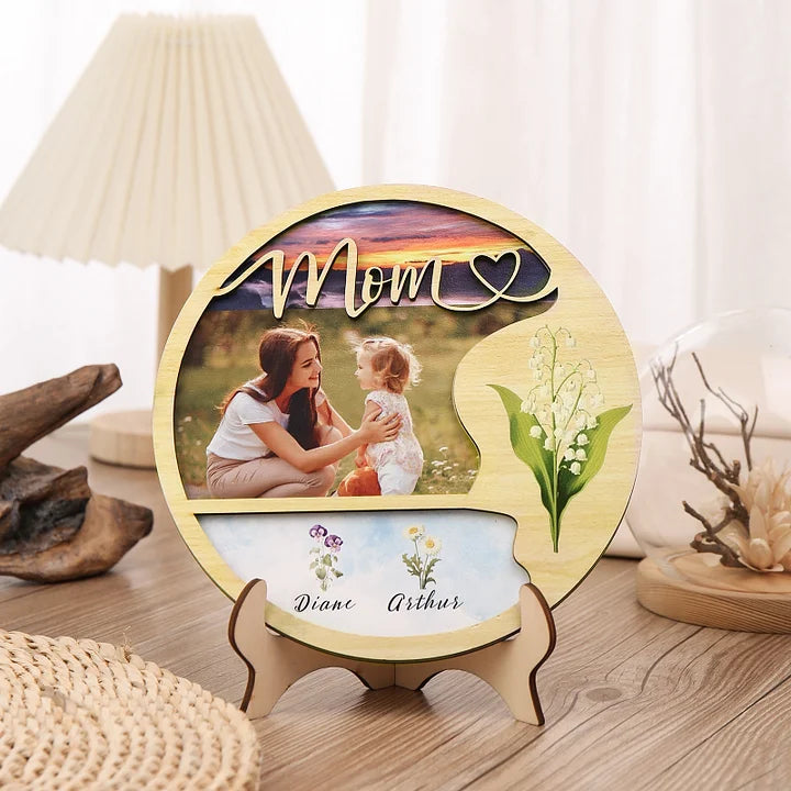 Personalisiertes Foto Holzschild Benutzerdefinierte Geburtsblumen &amp; Namen Holzschild mit Ständer Geschenke für Mama