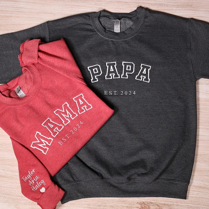 Sudadera personalizada bordada con "Mama Papa" y fecha y nombre - Regalo para el Día de la Madre y el Día del Padre