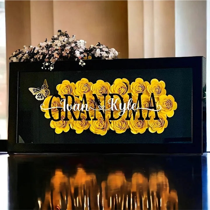 Personalisierte Blumen-Schattenbox für Mama mit dem Namen des Kindes als Geschenkidee zum Muttertag – Wunderbares Geschenk für Mama