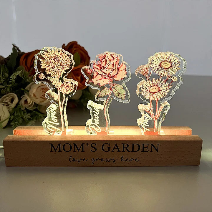 ✨Luz LED de acrílico 3D con cristal personalizado de flor de nacimiento con nombres de niños