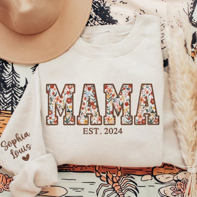 Sweatshirt Applique Floral Mama Sweatshirt Personnalisé Maman Sweatshirt Brodé Col Rond Cadeau pour Maman Grand-mère Fête des Mères Noël
