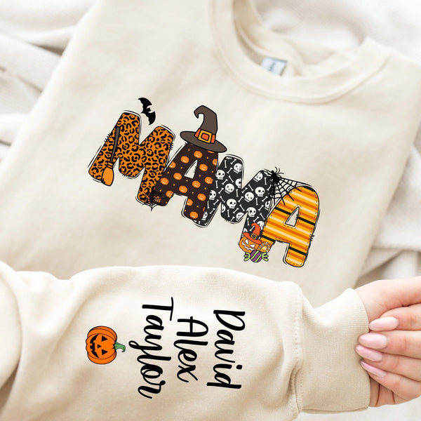 Custom Halloween MAMA Sweatshirt with Kid's Names on the Sleeve