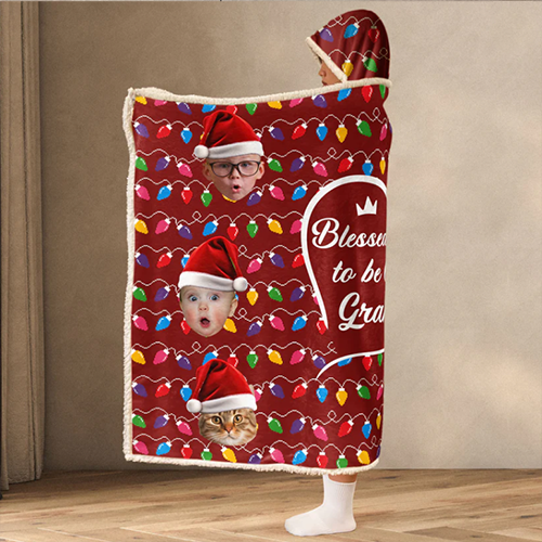 Benedetta di essere chiamata Nonna Luce a LED personalizzata per bambini - Coperta con cappuccio indossabile con foto personalizzata