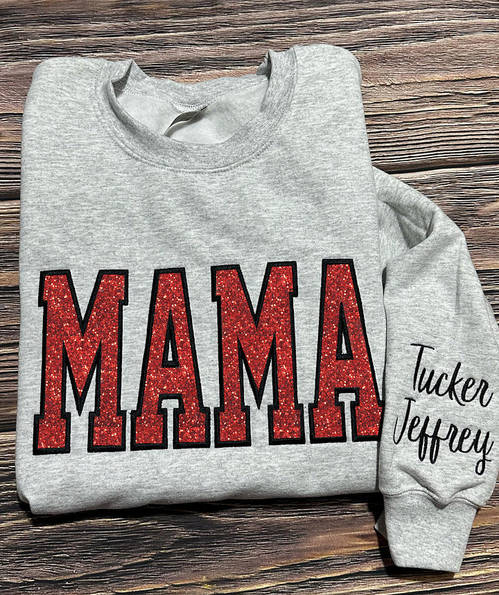 Personalisiertes, besticktes MAMA-Sweatshirt aus Glitzer-Vinyl mit Design am Ärmel – Geschenk für Mama