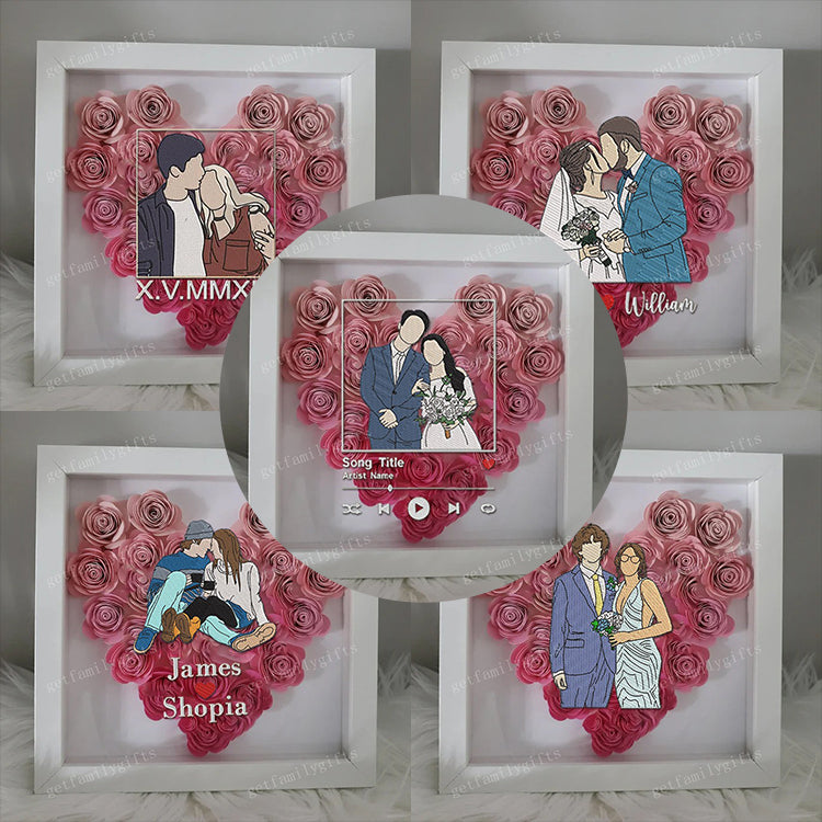 Portrait de couple personnalisé avec styles différents dans une boîte à ombre florale