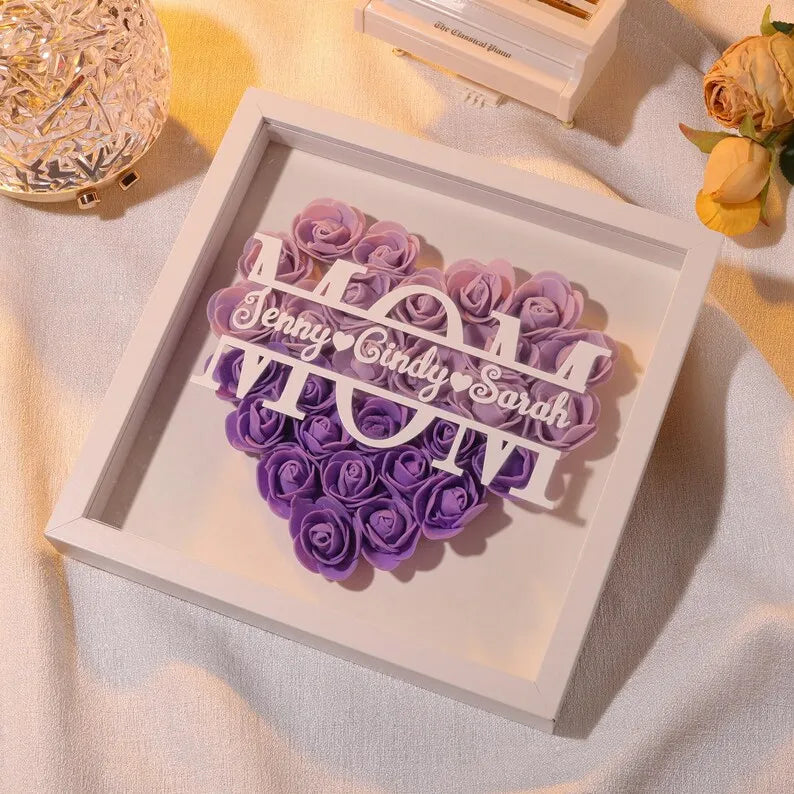 Boîte à ombre personnalisée avec fleurs - Boîte à ombre personnalisée avec nom de roses - Cadeau floral pour maman, grand-mère, Nana